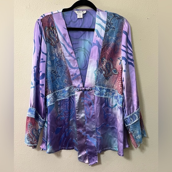 Ania. A 100% silk multi-colored print Fairycore cardigan size M Whimsical - Picture 1 of 10